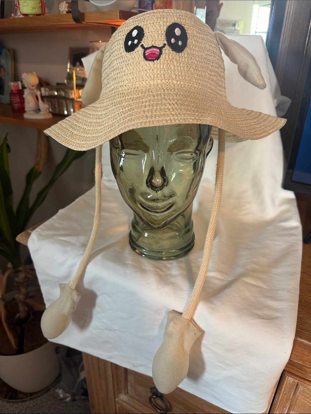 Cute Beige Straw Sun Hat with Kawaii Face and Ear Details